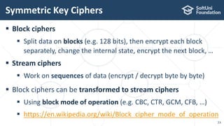  Block ciphers
 Split data on blocks (e.g. 128 bits), then encrypt each block
separately, change the internal state, encrypt the next block, …
 Stream ciphers
 Work on sequences of data (encrypt / decrypt byte by byte)
 Block ciphers can be transformed to stream ciphers
 Using block mode of operation (e.g. CBC, CTR, GCM, CFB, …)
 https://en.wikipedia.org/wiki/Block_cipher_mode_of_operation
Symmetric Key Ciphers
23
 