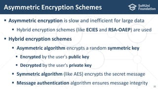  Asymmetric encryption is slow and inefficient for large data
 Hybrid encryption schemes (like ECIES and RSA-OAEP) are used
 Hybrid encryption schemes
 Asymmetric algorithm encrypts a random symmetric key
 Encrypted by the user's public key
 Decrypted by the user's private key
 Symmetric algorithm (like AES) encrypts the secret message
 Message authentication algorithm ensures message integrity
Asymmetric Encryption Schemes
32
 