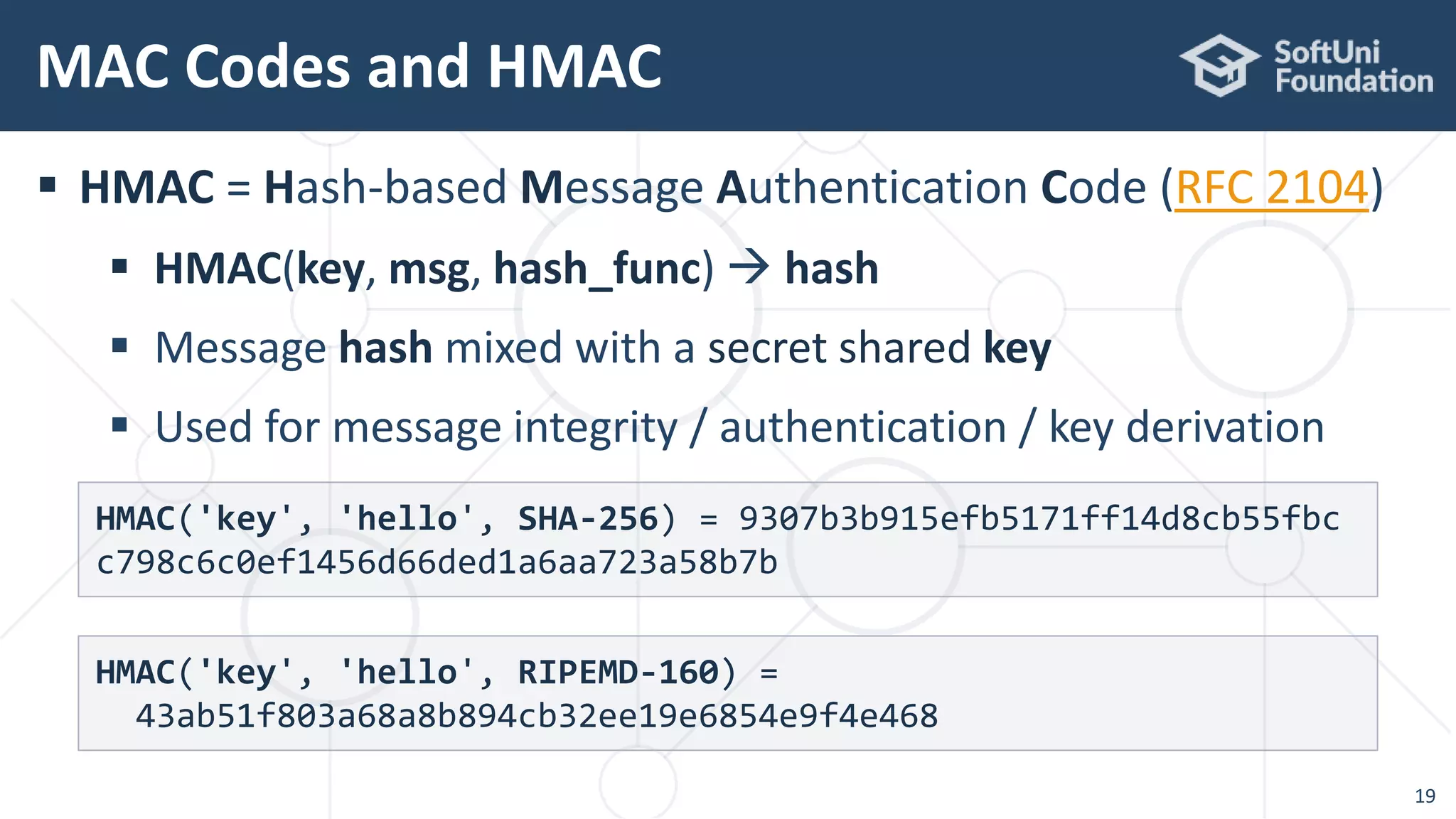  HMAC = Hash-based Message Authentication Code (RFC 2104)
 HMAC(key, msg, hash_func)  hash
 Message hash mixed with a secret shared key
 Used for message integrity / authentication / key derivation
MAC Codes and HMAC
19
HMAC('key', 'hello', SHA-256) = 9307b3b915efb5171ff14d8cb55fbc
c798c6c0ef1456d66ded1a6aa723a58b7b
HMAC('key', 'hello', RIPEMD-160) =
43ab51f803a68a8b894cb32ee19e6854e9f4e468
 