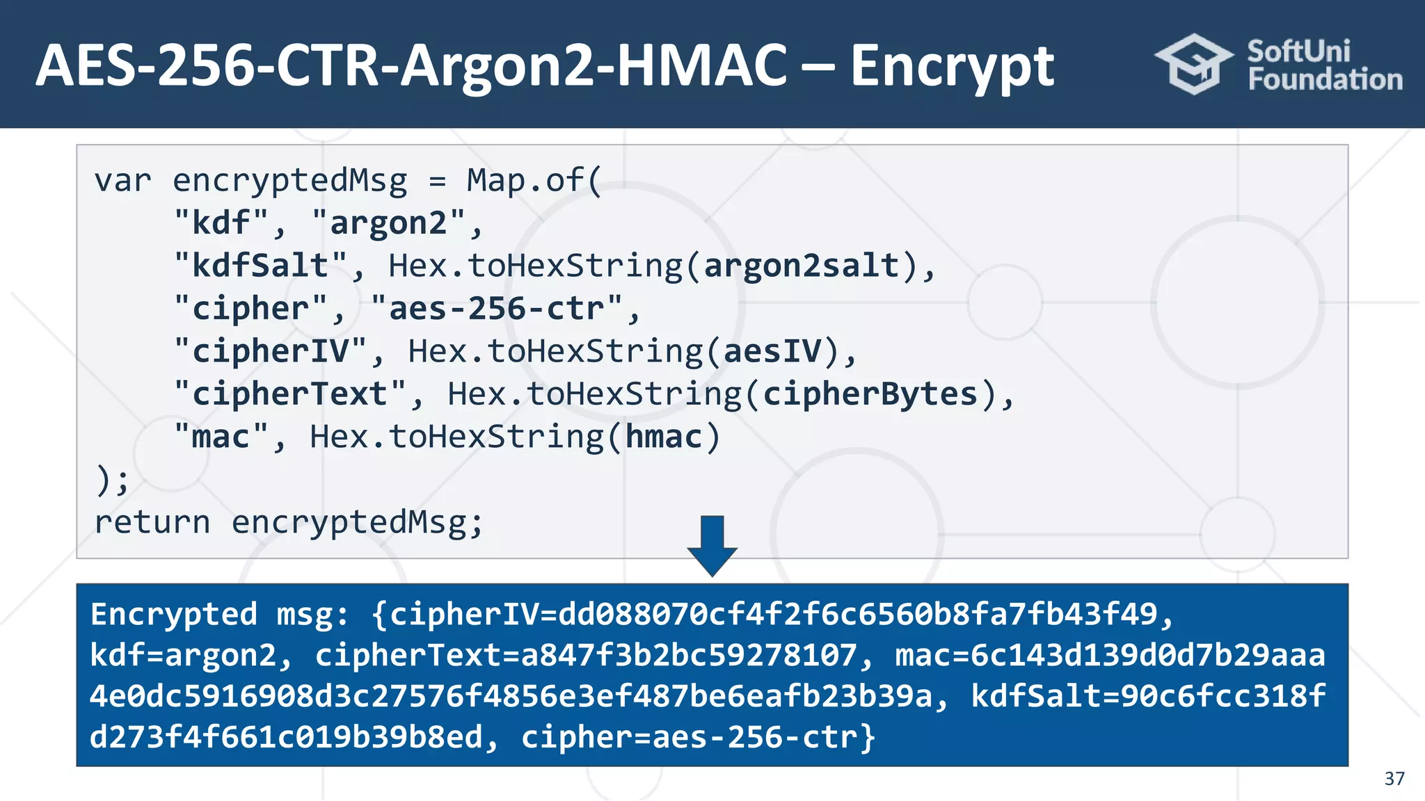 AES-256-CTR-Argon2-HMAC – Encrypt
37
var encryptedMsg = Map.of(
"kdf", "argon2",
"kdfSalt", Hex.toHexString(argon2salt),
"cipher", "aes-256-ctr",
"cipherIV", Hex.toHexString(aesIV),
"cipherText", Hex.toHexString(cipherBytes),
"mac", Hex.toHexString(hmac)
);
return encryptedMsg;
Encrypted msg: {cipherIV=dd088070cf4f2f6c6560b8fa7fb43f49,
kdf=argon2, cipherText=a847f3b2bc59278107, mac=6c143d139d0d7b29aaa
4e0dc5916908d3c27576f4856e3ef487be6eafb23b39a, kdfSalt=90c6fcc318f
d273f4f661c019b39b8ed, cipher=aes-256-ctr}
 