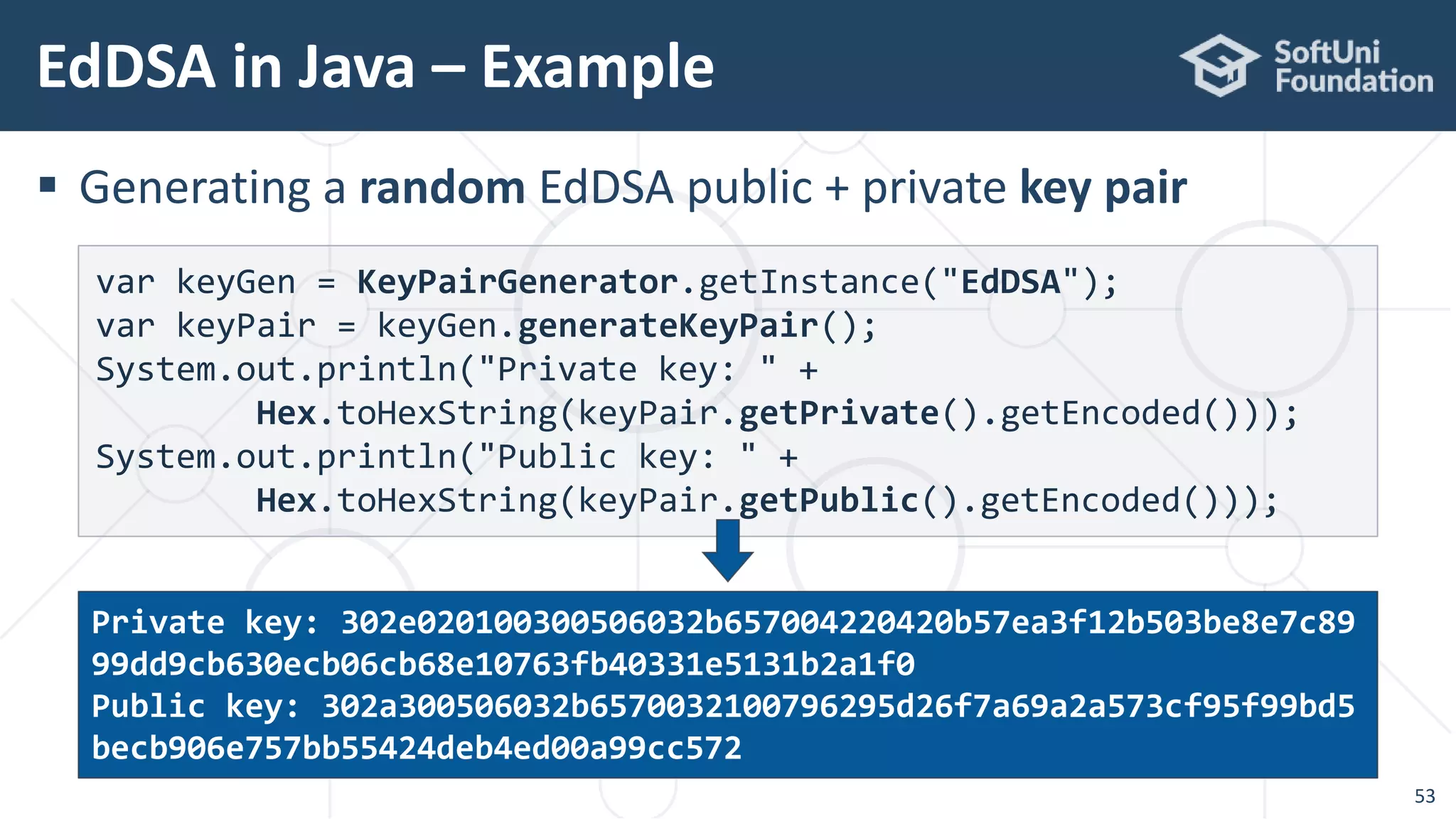 EdDSA in Java – Example
53
 Generating a random EdDSA public + private key pair
var keyGen = KeyPairGenerator.getInstance("EdDSA");
var keyPair = keyGen.generateKeyPair();
System.out.println("Private key: " +
Hex.toHexString(keyPair.getPrivate().getEncoded()));
System.out.println("Public key: " +
Hex.toHexString(keyPair.getPublic().getEncoded()));
Private key: 302e020100300506032b657004220420b57ea3f12b503be8e7c89
99dd9cb630ecb06cb68e10763fb40331e5131b2a1f0
Public key: 302a300506032b6570032100796295d26f7a69a2a573cf95f99bd5
becb906e757bb55424deb4ed00a99cc572
 