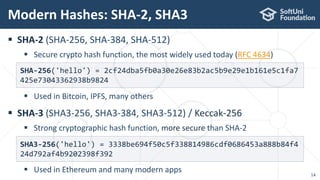  SHA-2 (SHA-256, SHA-384, SHA-512)
 Secure crypto hash function, the most widely used today (RFC 4634)
 Used in Bitcoin, IPFS, many others
 SHA-3 (SHA3-256, SHA3-384, SHA3-512) / Keccak-256
 Strong cryptographic hash function, more secure than SHA-2
 Used in Ethereum and many modern apps
Modern Hashes: SHA-2, SHA3
14
SHA-256('hello') = 2cf24dba5fb0a30e26e83b2ac5b9e29e1b161e5c1fa7
425e73043362938b9824
SHA3-256('hello') = 3338be694f50c5f338814986cdf0686453a888b84f4
24d792af4b9202398f392
 