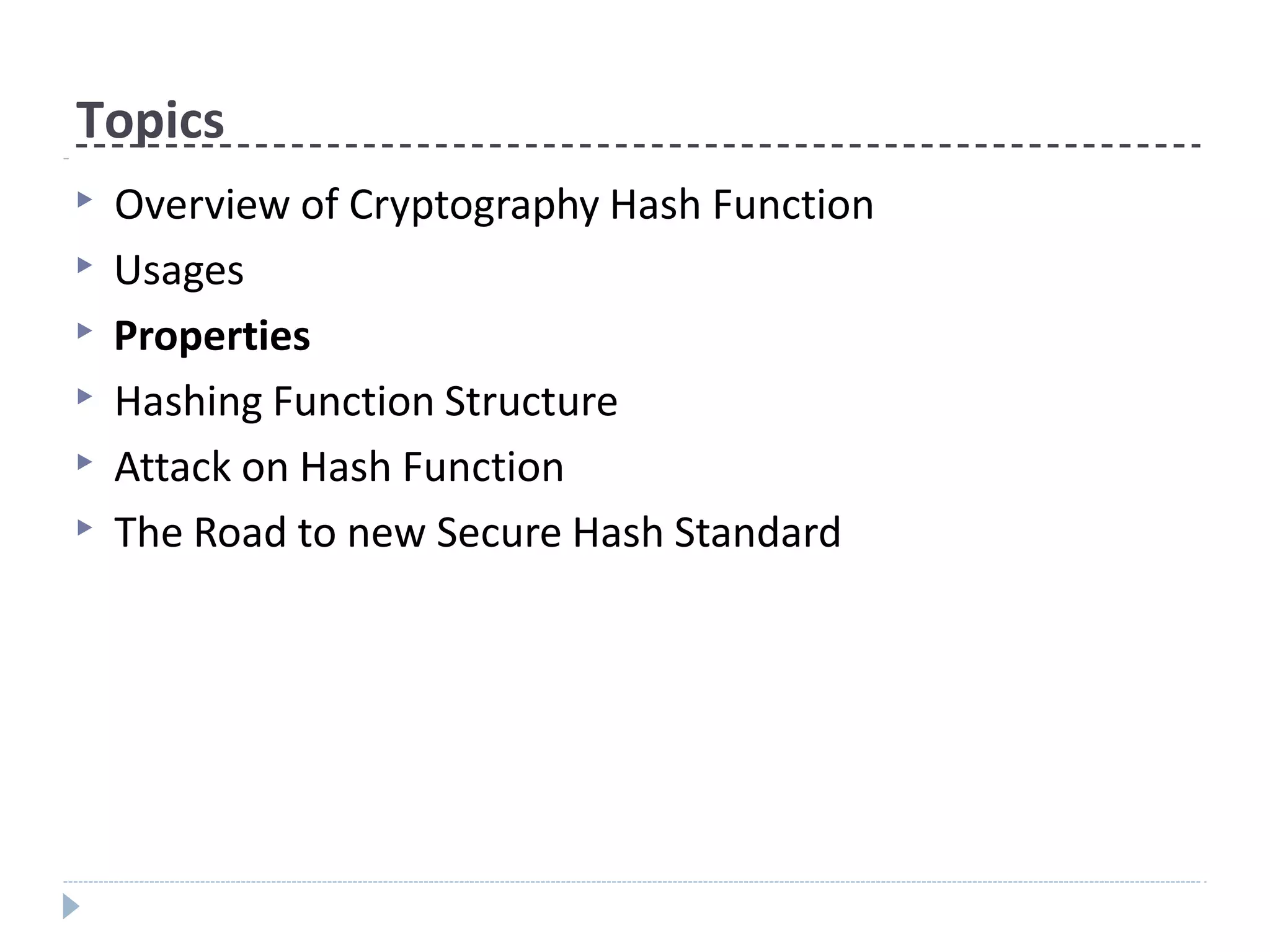 Topics
▶ Overview of Cryptography Hash Function
▶ Usages
▶ Properties
▶ Hashing Function Structure
▶ Attack on Hash Function
▶ The Road to new Secure Hash Standard
 