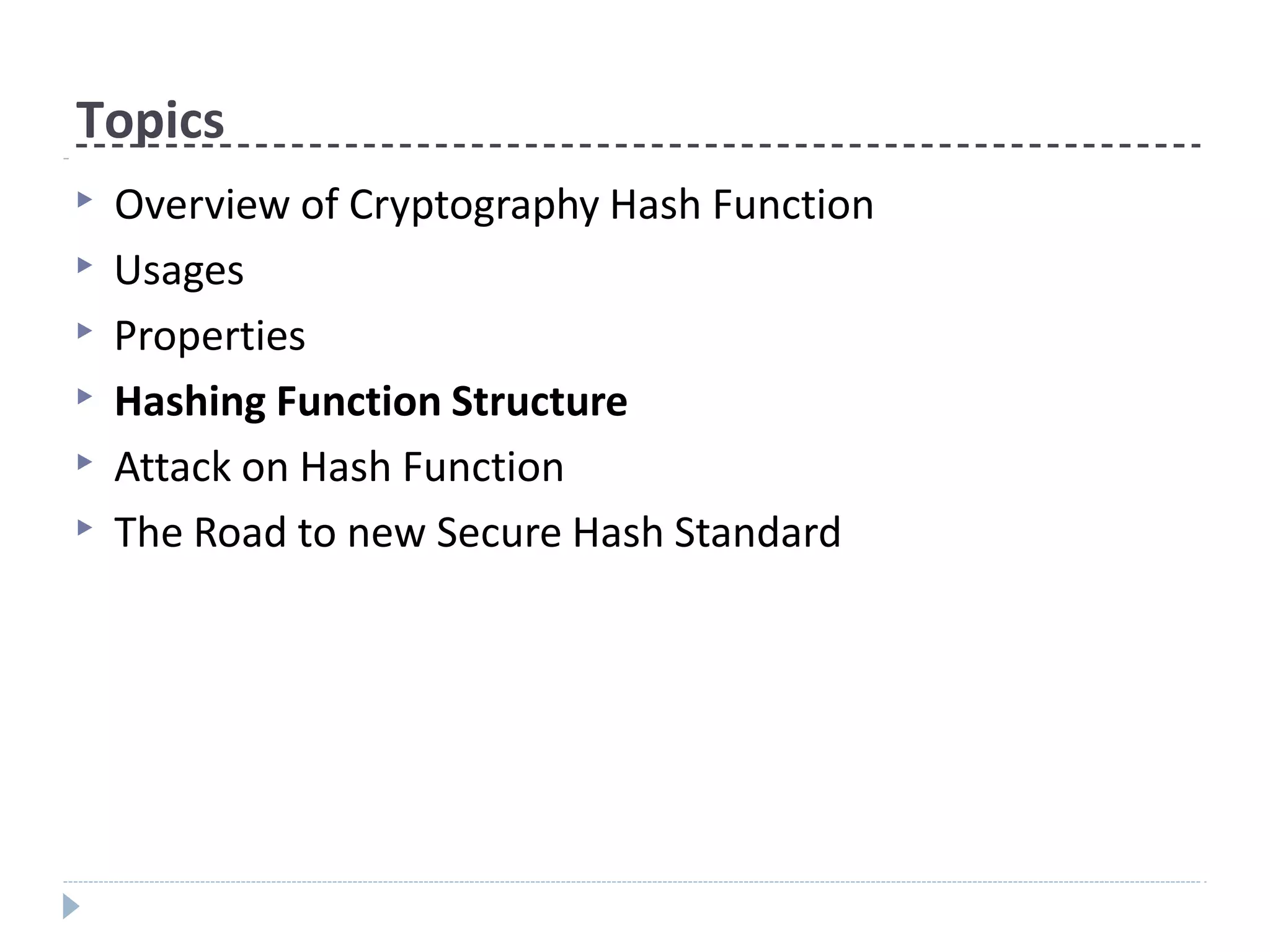 Topics
▶ Overview of Cryptography Hash Function
▶ Usages
▶ Properties
▶ Hashing Function Structure
▶ Attack on Hash Function
▶ The Road to new Secure Hash Standard
 