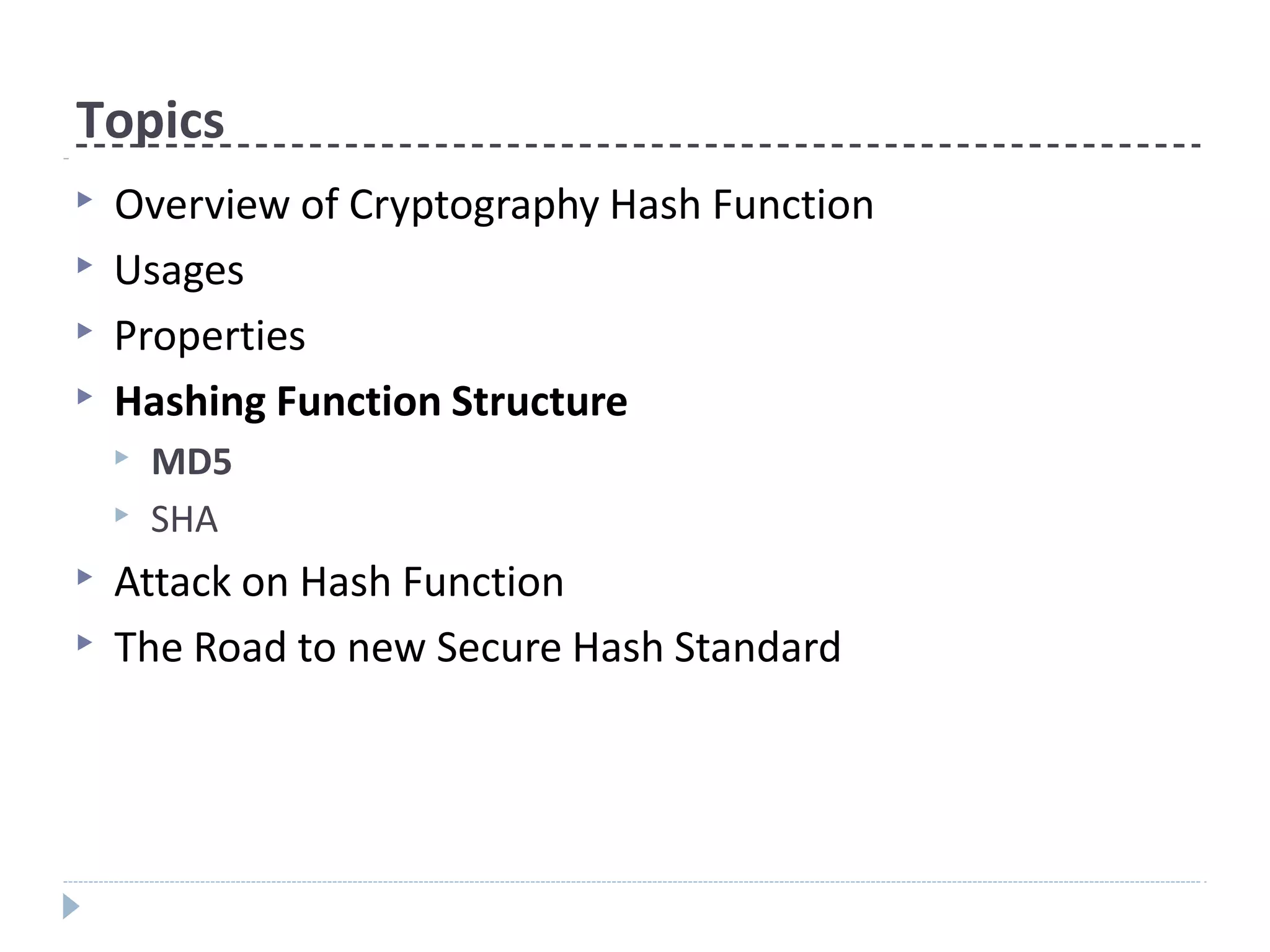 Topics
▶ Overview of Cryptography Hash Function
▶ Usages
▶ Properties
▶ Hashing Function Structure
▶ MD5
▶ SHA
▶ Attack on Hash Function
▶ The Road to new Secure Hash Standard
 