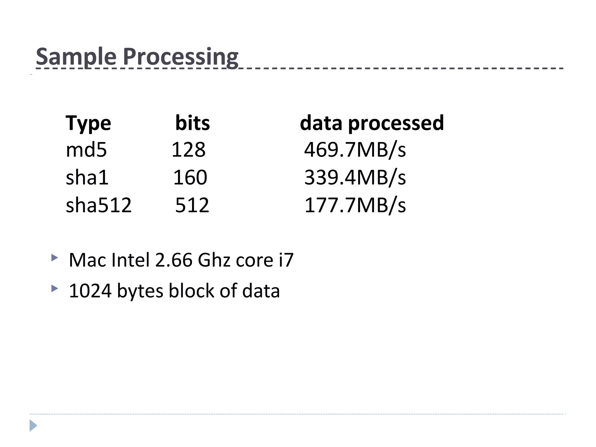Sample Processing
▶ Mac Intel 2.66 Ghz core i7
▶ 1024 bytes block of data
Type bits data processed
md5 128 469.7MB/s
sha1 160 339.4MB/s
sha512 512 177.7MB/s
 