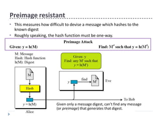 Preimage resistant
▶ This measures how difficult to devise a message which hashes to the
known digest
Roughly speaking, the hash function must be one-way.
▶
Given only a message digest, can’t find any message
(or preimage) that generates that digest.
 