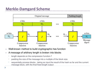 Merkle-Damgard Scheme
▶
▶
Well-known method to build cryptographic has function
A message of arbitrary length is broken into blocks
▶
▶
▶
length depends on the compression function f
padding the size of the message into a multiple of the block size.
sequentially process blocks , taking as input the result of the hash so far and the current
message block, with the final fixed length output
 