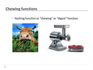 Chewing functions
▶ Hashing function as “chewing” or “digest” function
 