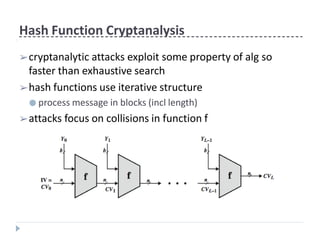 Hash Function Cryptanalysis
➢cryptanalytic attacks exploit some property of alg so
faster than exhaustive search
➢hash functions use iterative structure
● process message in blocks (incl length)
➢attacks focus on collisions in function f
 