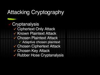 Attacking Cryptography Cryptanalysis Ciphertext Only Attack Known Plaintext Attack Chosen Plaintext Attack Adaptive chosen plaintext Chosen Ciphertext Attack Chosen Key Attack Rubber Hose Cryptanalysis 