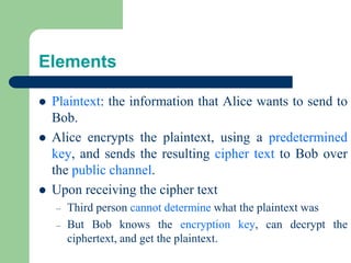 Elements
⚫ Plaintext: the information that Alice wants to send to
Bob.
⚫ Alice encrypts the plaintext, using a predetermined
key, and sends the resulting cipher text to Bob over
the public channel.
⚫ Upon receiving the cipher text
– Third person cannot determine what the plaintext was
– But Bob knows the encryption key, can decrypt the
ciphertext, and get the plaintext.
 