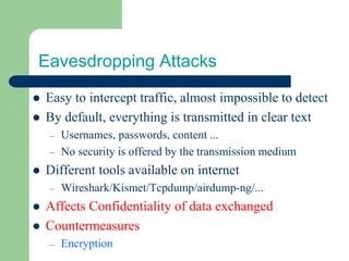 Eavesdropping Attacks
⚫ Easy to intercept traffic, almost impossible to detect
⚫ By default, everything is transmitted in clear text
– Usernames, passwords, content ...
– No security is offered by the transmission medium
⚫ Different tools available on internet
– Wireshark/Kismet/Tcpdump/airdump-ng/...
⚫ Affects Confidentiality of data exchanged
⚫ Countermeasures
– Encryption
 