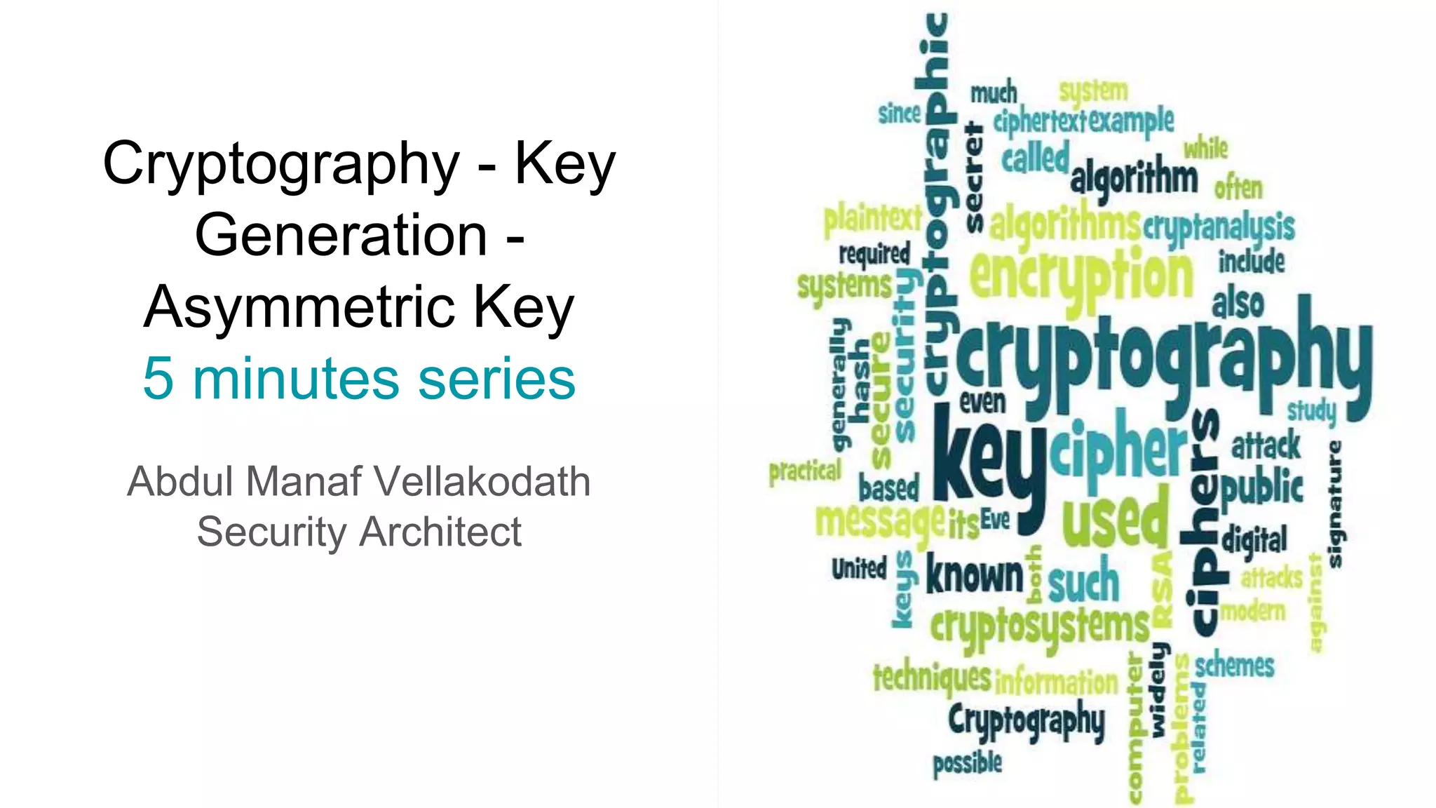 Cryptography - Key
Generation -
Asymmetric Key
5 minutes series
Abdul Manaf Vellakodath
Security Architect
 