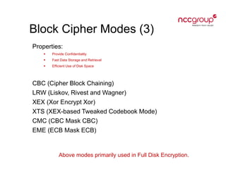 Block Cipher Modes (3)
Properties:
 Provide Confidentiality
 Fast Data Storage and Retrieval
 Efficient Use of Disk Space
CBC (Cipher Block Chaining)
LRW (Liskov, Rivest and Wagner)
XEX (Xor Encrypt Xor)
XTS (XEX-based Tweaked Codebook Mode)
CMC (CBC Mask CBC)
EME (ECB Mask ECB)
Above modes primarily used in Full Disk Encryption.
 