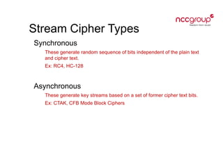Stream Cipher Types
Synchronous
These generate random sequence of bits independent of the plain text
and cipher text.
Ex: RC4, HC-128
Asynchronous
These generate key streams based on a set of former cipher text bits.
Ex: CTAK, CFB Mode Block Ciphers
 
