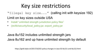 Key size restrictions
“Illegal key size...” (calling init with keysize 192)
Limit on key sizes outside USA
• Install “unlimited strength jurisdiction policy files”
• /jre/lib/security/local_policy.jar, export_policy.jar
Java 8u152 includes unlimited strength jars
Java 8u162 and up have unlimited strength by default
https://golb.hplar.ch/2017/10/JCE-policy-changes-in-Java-SE-8u151-and-8u152.html
 