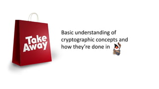 Basic understanding of
cryptographic concepts and
how they’re done in
 