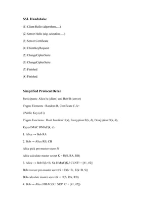 SSL Handshake
(1) Client Hello (algorithms,…)
(2) Server Hello (alg. selection, …)
(3) Server Certificate
(4) ClientKeyRequest
(5) ChangeCipherSuite
(6) ChangeCipherSuite
(7) Finished
(8) Finished
Simplified Protocol Detail
Participants: Alice/A (client) and Bob/B (server)
Crypto Elements : Random R, Certificate C, k+
i Public Key (of i)
Crypto Functions : Hash function H(x), Encryption E(k, d), Decryption D(k, d),
Keyed MAC HMAC(k, d)
1. Alice → Bob RA
2. Bob → Alice RB, CB
Alice pick pre-master secret S
Alice calculate master secret K = H(S, RA, RB)
3. Alice → Bob E(k+B, S), HMAC(K,! CLNT! + [#1, #2])
Bob recover pre-master secret S = D(k−B , E(k+B, S))
Bob calculate master secret K = H(S, RA, RB)
4. Bob → Alice HMAC(K,! SRV R! + [#1, #2])
 