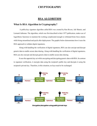 CRYPTOGRAPHY
RSA ALGORITHM
What Is RSA Algorithm in Cryptography?
A public-key signature algorithm called RSA was created by Ron Rivest, Adi Shamir, and
Leonard Adleman. The algorithm, which was first described in their 1977 publication, makes use of
logarithmic functions to maintain the working complicated enough to withstand brute force attacks
while being streamlined and quick after deployment. The graphic below demonstrates how it uses the
RSA approach to validate digital signatures.
Along with handling the verification of digital signatures, RSA can also encrypt and decrypt
generic data to enable secure data sharing. Along with handling the verification of digital signatures,
RSA can also encrypt and decrypt generic data to enable secure data sharing.
It uses the opposite key set while encrypting and decrypting generic data with RSA. In contrast
to signature verification, it encrypts data using the recipient's public key and decrypts it using the
recipient's private key. Therefore, in this situation, no keys need to be exchanged.
 