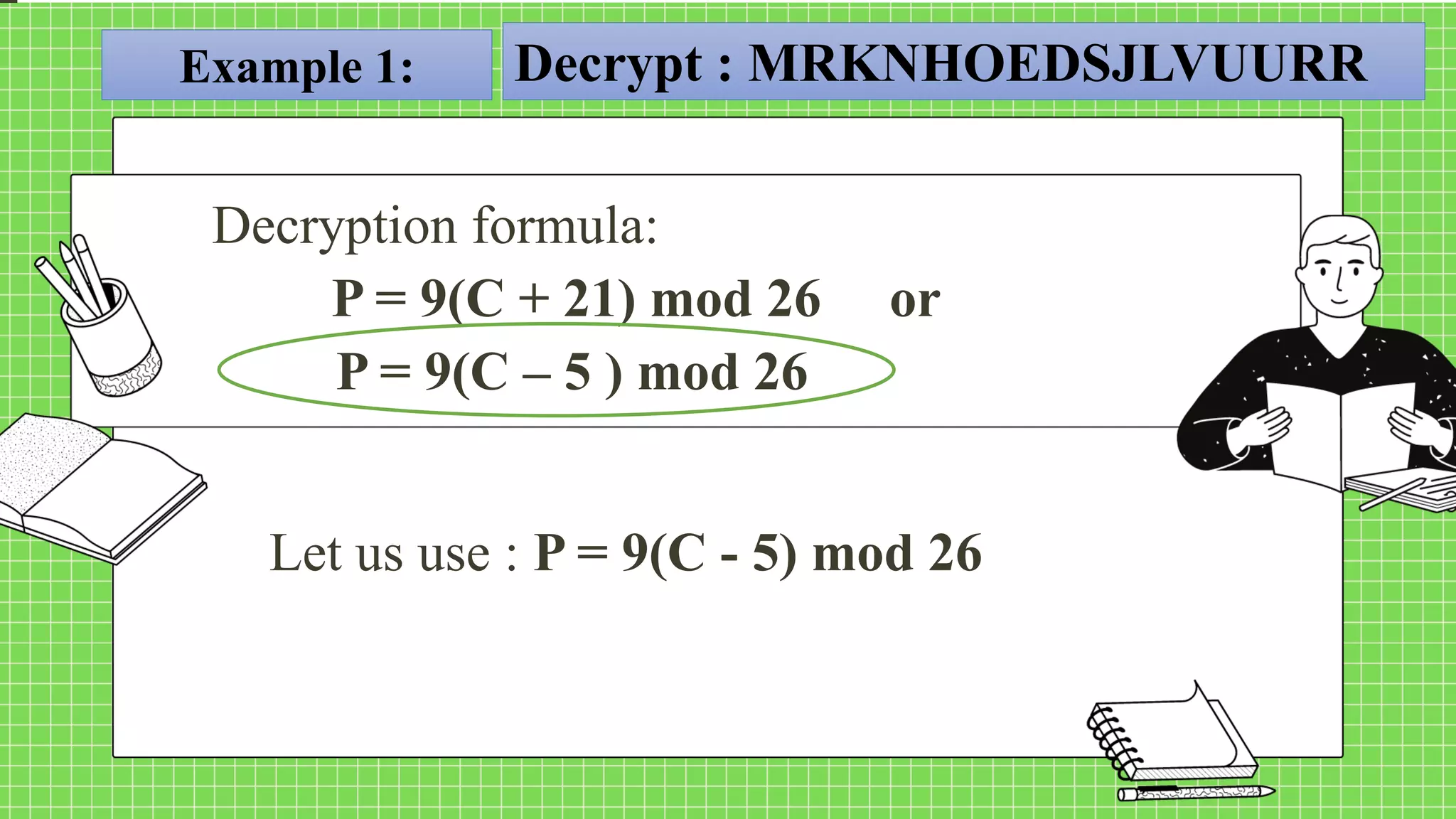 Example 1: Decrypt : MRKNHOEDSJLVUURR
Decryption formula:
P = 9(C + 21) mod 26 or
P = 9(C – 5 ) mod 26
Let us use : P = 9(C - 5) mod 26
 