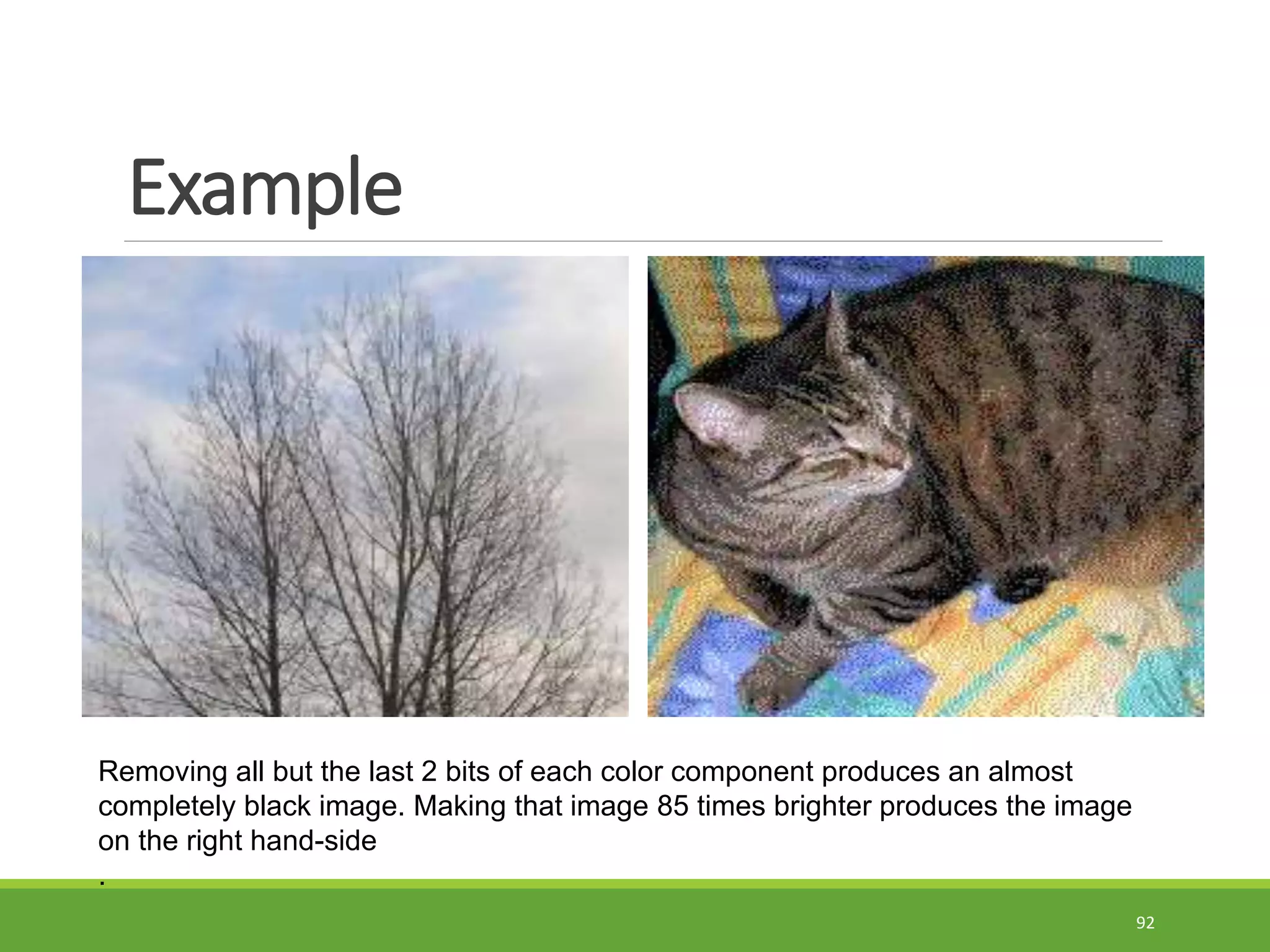 Example
92
Removing all but the last 2 bits of each color component produces an almost
completely black image. Making that image 85 times brighter produces the image
on the right hand-side
.
 