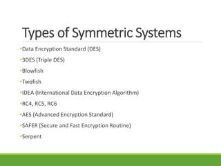 Types of Symmetric Systems
•Data Encryption Standard (DES)
•3DES (Triple DES)
•Blowfish
•Twofish
•IDEA (International Data Encryption Algorithm)
•RC4, RC5, RC6
•AES (Advanced Encryption Standard)
•SAFER (Secure and Fast Encryption Routine)
•Serpent
 