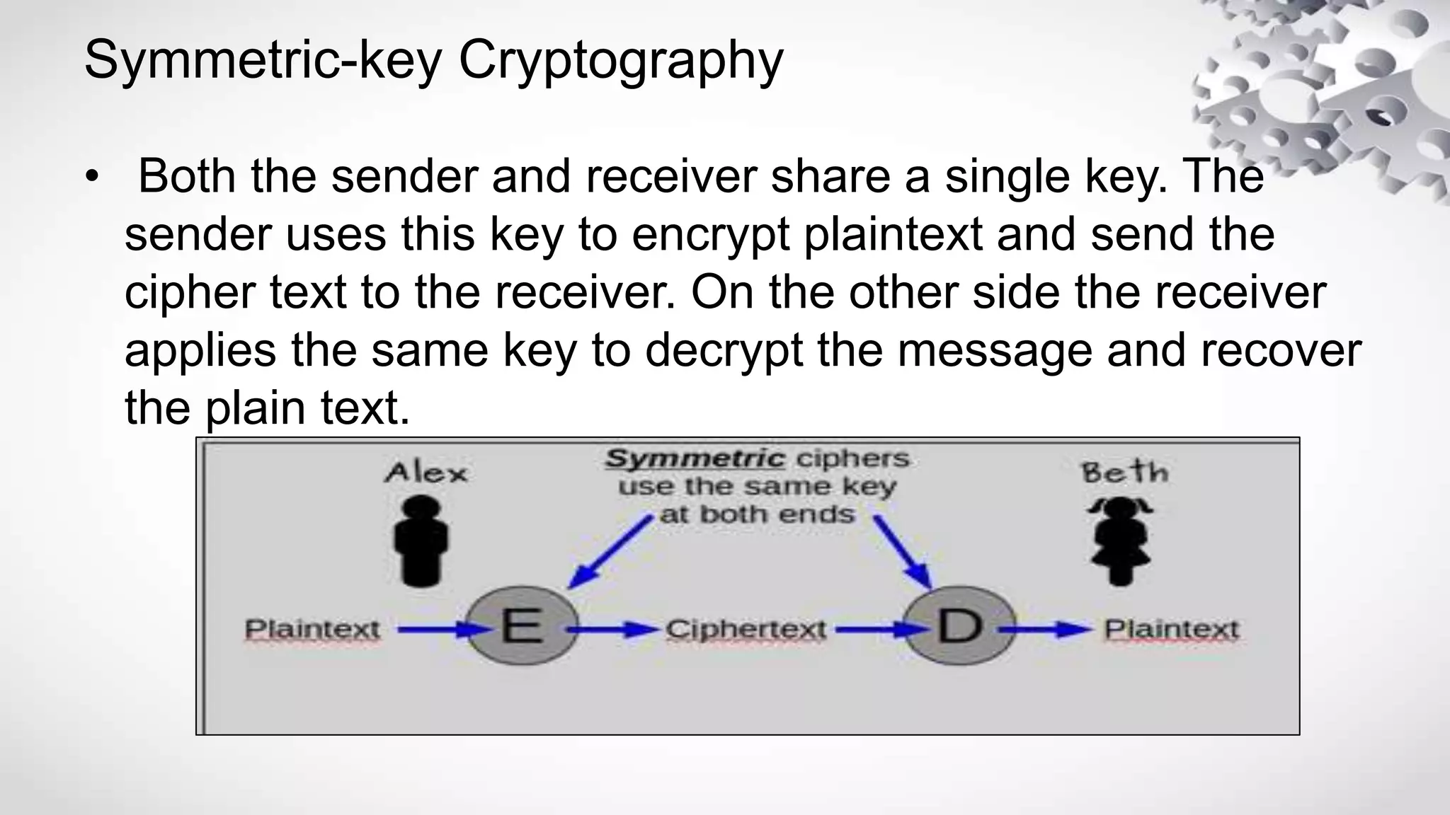Symmetric-key Cryptography
• Both the sender and receiver share a single key. The
sender uses this key to encrypt plaintext and send the
cipher text to the receiver. On the other side the receiver
applies the same key to decrypt the message and recover
the plain text.
 