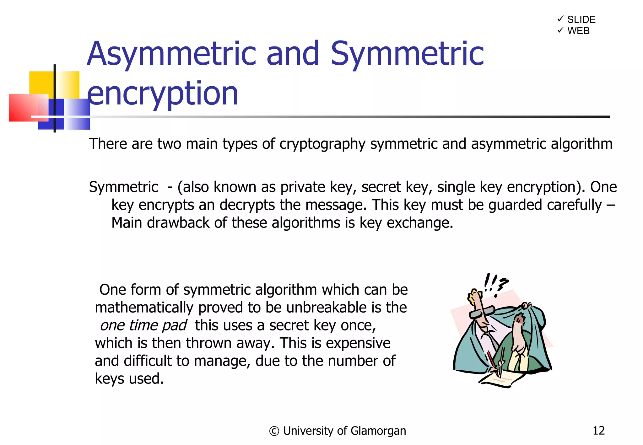 Asymmetric and Symmetric encryption There are two main types of cryptography symmetric and asymmetric algorithm Symmetric  - (also known as private key, secret key, single key encryption). One key encrypts an decrypts the message. This key must be guarded carefully – Main drawback of these algorithms is key exchange.  © University of Glamorgan One form of symmetric algorithm which can be mathematically proved to be unbreakable is the  one time pad  this uses a secret key once, which is then thrown away. This is expensive and difficult to manage, due to the number of keys used.     SLIDE    WEB 
