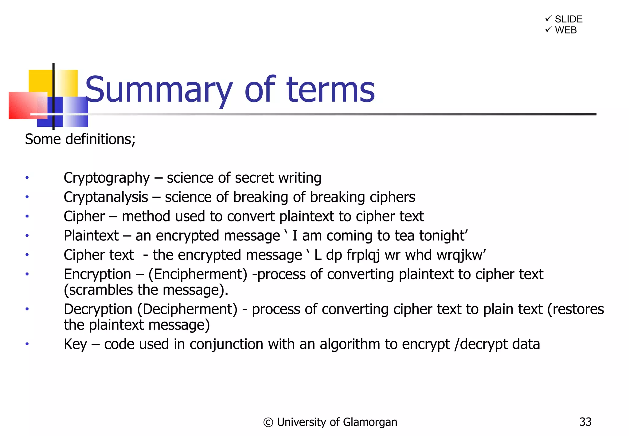 Summary of terms © University of Glamorgan    SLIDE    WEB Some definitions; Cryptography – science of secret writing  Cryptanalysis – science of breaking of breaking ciphers Cipher – method used to convert plaintext to cipher text  Plaintext – an encrypted message ‘ I am coming to tea tonight’ Cipher text  - the encrypted message ‘ L dp frplqj wr whd wrqjkw’ Encryption – (Encipherment) -process of converting plaintext to cipher text (scrambles the message). Decryption (Decipherment) - process of converting cipher text to plain text (restores the plaintext message) Key – code used in conjunction with an algorithm to encrypt /decrypt data 