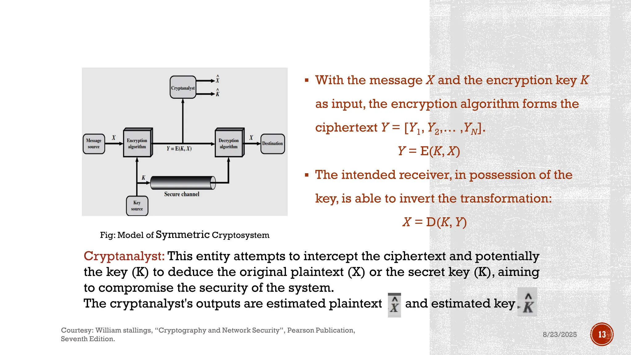 ▪ With the message X and the encryption key K
as input, the encryption algorithm forms the
ciphertext Y = [Y1, Y2,… ,YN].
Y = E(K, X)
▪ The intended receiver, in possession of the
key, is able to invert the transformation:
X = D(K, Y)
Fig: Model of Symmetric Cryptosystem
Cryptanalyst: This entity attempts to intercept the ciphertext and potentially
the key (K) to deduce the original plaintext (X) or the secret key (K), aiming
to compromise the security of the system.
The cryptanalyst's outputs are estimated plaintext and estimated key
8/23/2025
Courtesy: William stallings, “Cryptography and Network Security”, Pearson Publication,
Seventh Edition.
13
 