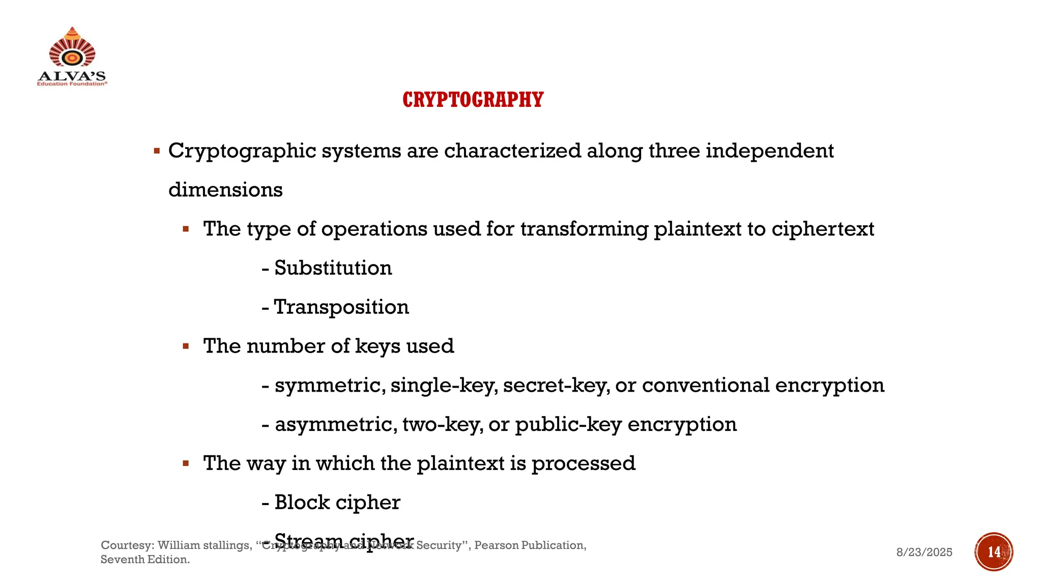 CRYPTOGRAPHY
▪ Cryptographic systems are characterized along three independent
dimensions
▪ The type of operations used for transforming plaintext to ciphertext
- Substitution
- Transposition
▪ The number of keys used
- symmetric, single-key, secret-key, or conventional encryption
- asymmetric, two-key, or public-key encryption
▪ The way in which the plaintext is processed
- Block cipher
- Stream cipher 8/23/2025
Courtesy: William stallings, “Cryptography and Network Security”, Pearson Publication,
Seventh Edition.
14
 