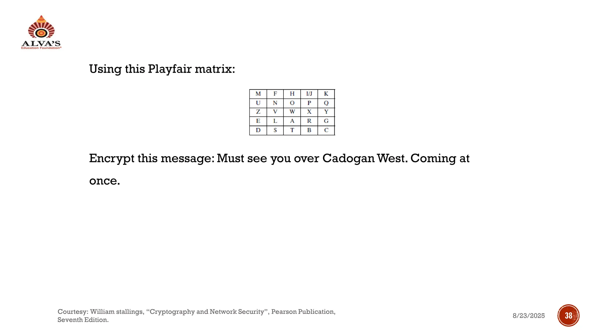 Using this Playfair matrix:
Encrypt this message: Must see you over Cadogan West. Coming at
once.
8/23/2025
Courtesy: William stallings, “Cryptography and Network Security”, Pearson Publication,
Seventh Edition.
38
 