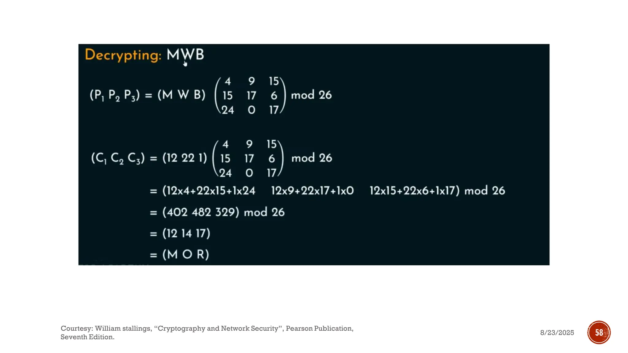 8/23/2025
Courtesy: William stallings, “Cryptography and Network Security”, Pearson Publication,
Seventh Edition.
58
 