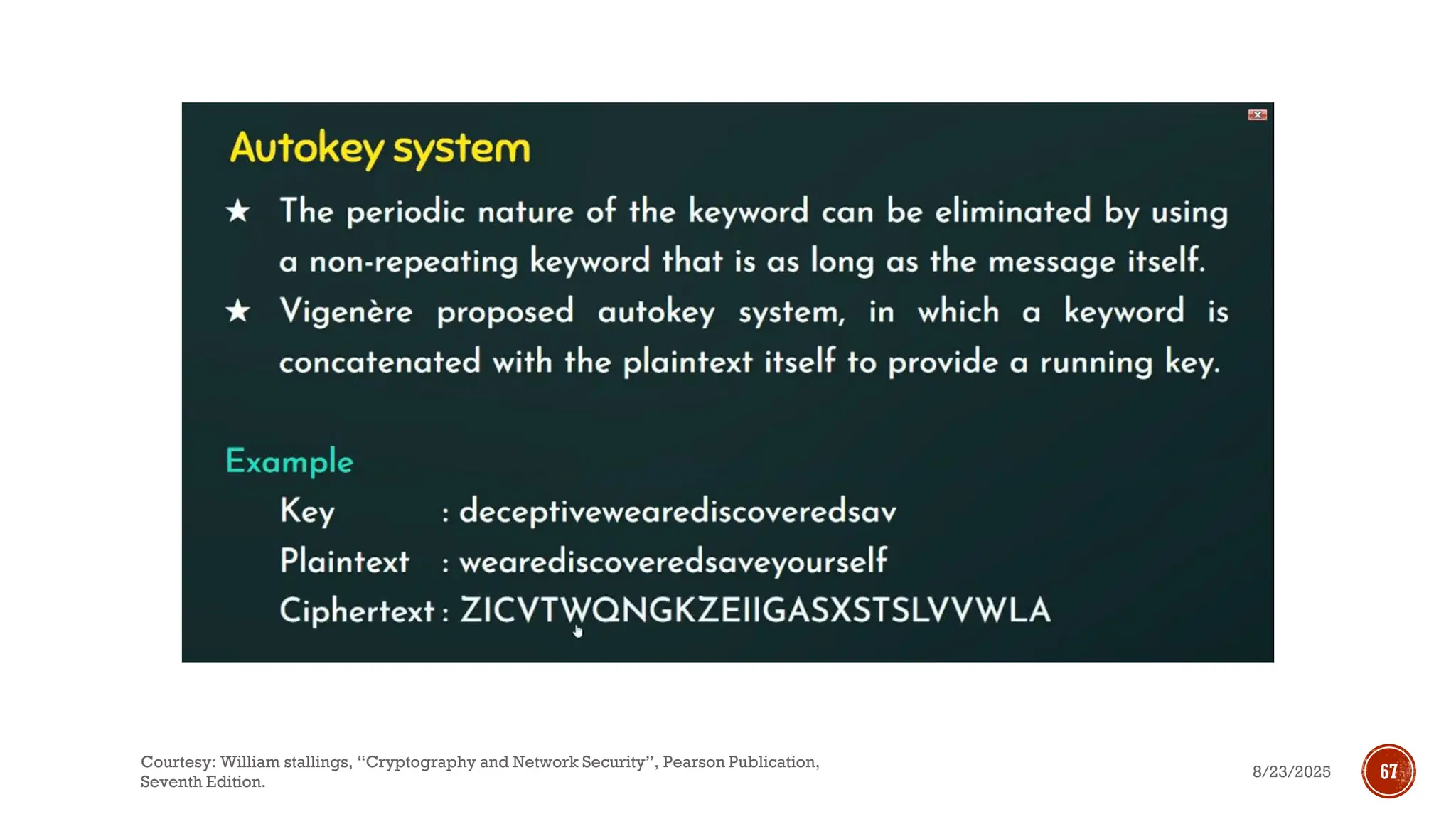 8/23/2025
Courtesy: William stallings, “Cryptography and Network Security”, Pearson Publication,
Seventh Edition.
67
 