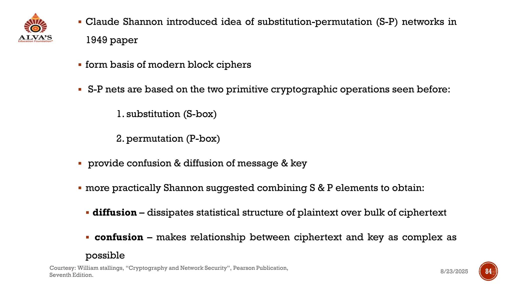 ▪ Claude Shannon introduced idea of substitution-permutation (S-P) networks in
1949 paper
▪ form basis of modern block ciphers
▪ S-P nets are based on the two primitive cryptographic operations seen before:
1. substitution (S-box)
2. permutation (P-box)
▪ provide confusion & diffusion of message & key
▪ more practically Shannon suggested combining S & P elements to obtain:
▪ diffusion – dissipates statistical structure of plaintext over bulk of ciphertext
▪ confusion – makes relationship between ciphertext and key as complex as
possible
8/23/2025
Courtesy: William stallings, “Cryptography and Network Security”, Pearson Publication,
Seventh Edition.
84
 