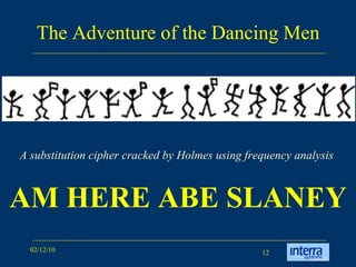 The Adventure of the Dancing Men AM HERE ABE SLANEY A substitution cipher cracked by Holmes using frequency analysis   