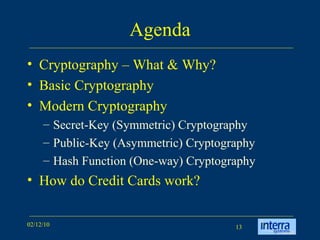 Agenda Cryptography – What & Why? Basic Cryptography Modern Cryptography Secret-Key (Symmetric) Cryptography Public-Key (Asymmetric) Cryptography Hash Function (One-way) Cryptography How do Credit Cards work? 