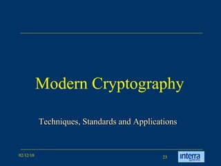 Modern Cryptography Techniques, Standards and Applications 
