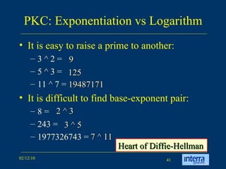 PKC: Exponentiation vs Logarithm It is easy to raise a prime to another: 3 ^ 2 = 5 ^ 3 = 11 ^ 7 = It is difficult to find base-exponent pair: 8 =  243 =  1977326743 =  2 ^ 3 9 125 19487171 3 ^ 5 7 ^ 11 Heart of Diffie-Hellman 