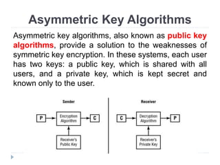 Asymmetric Key Algorithms
Asymmetric key algorithms, also known as public key
algorithms, provide a solution to the weaknesses of
symmetric key encryption. In these systems, each user
has two keys: a public key, which is shared with all
users, and a private key, which is kept secret and
known only to the user.
 