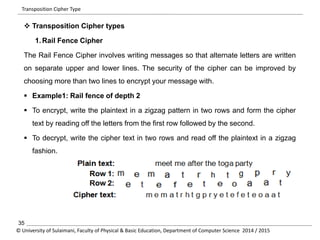 Transposition Cipher Type 
 Transposition Cipher types 
1.Rail Fence Cipher 
The Rail Fence Cipher involves writing messages so that alternate letters are written 
on separate upper and lower lines. The security of the cipher can be improved by 
choosing more than two lines to encrypt your message with. 
 Example1: Rail fence of depth 2 
 To encrypt, write the plaintext in a zigzag pattern in two rows and form the cipher 
text by reading off the letters from the first row followed by the second. 
 To decrypt, write the cipher text in two rows and read off the plaintext in a zigzag 
fashion. 
35 
© University of Sulaimani, Faculty of Physical & Basic Education, Department of Computer Science 2014 / 2015 
 