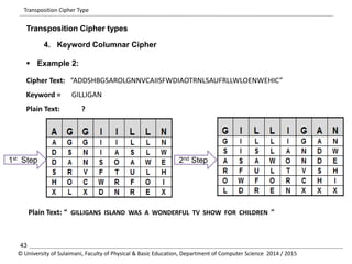 Transposition Cipher Type 
Transposition Cipher types 
4. Keyword Columnar Cipher 
 Example 2: 
Cipher Text: “ADDSHBGSAROLGNNVCAIISFWDIAOTRNLSAUFRLLWLOENWEHIC” 
Keyword = GILLIGAN 
Plain Text: ? 
1st Step 2nd Step 
Plain Text: “ GILLIGANS ISLAND WAS A WONDERFUL TV SHOW FOR CHILDREN ” 
43 
© University of Sulaimani, Faculty of Physical & Basic Education, Department of Computer Science 2014 / 2015 
 