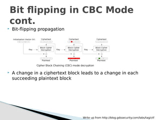  Bit-flipping propagation
 A change in a ciphertext block leads to a change in each
succeeding plaintext block
Bit flipping in CBC Mode
cont.
Write up from http://blog.gdssecurity.com/labs/tag/ctf
 