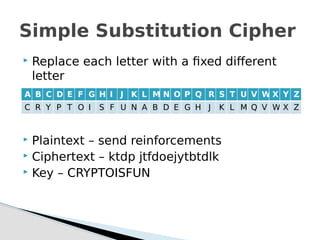  Replace each letter with a fixed different
letter
 Plaintext – send reinforcements
 Ciphertext – ktdp jtfdoejytbtdlk
 Key – CRYPTOISFUN
Simple Substitution Cipher
A B C D E F G H I J K L M N O P Q R S T U V W X Y Z
C R Y P T O I S F U N A B D E G H J K L M Q V W X Z
 