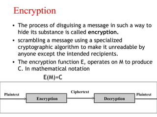 Encryption
• The process of disguising a message in such a way to
hide its substance is called encryption.
• scrambling a message using a specialized
cryptographic algorithm to make it unreadable by
anyone except the intended recipients.
• The encryption function E, operates on M to produce
C. In mathematical notation
E(M)=C
Encryption Decryption
Plaintext
Ciphertext
Plaintext
 