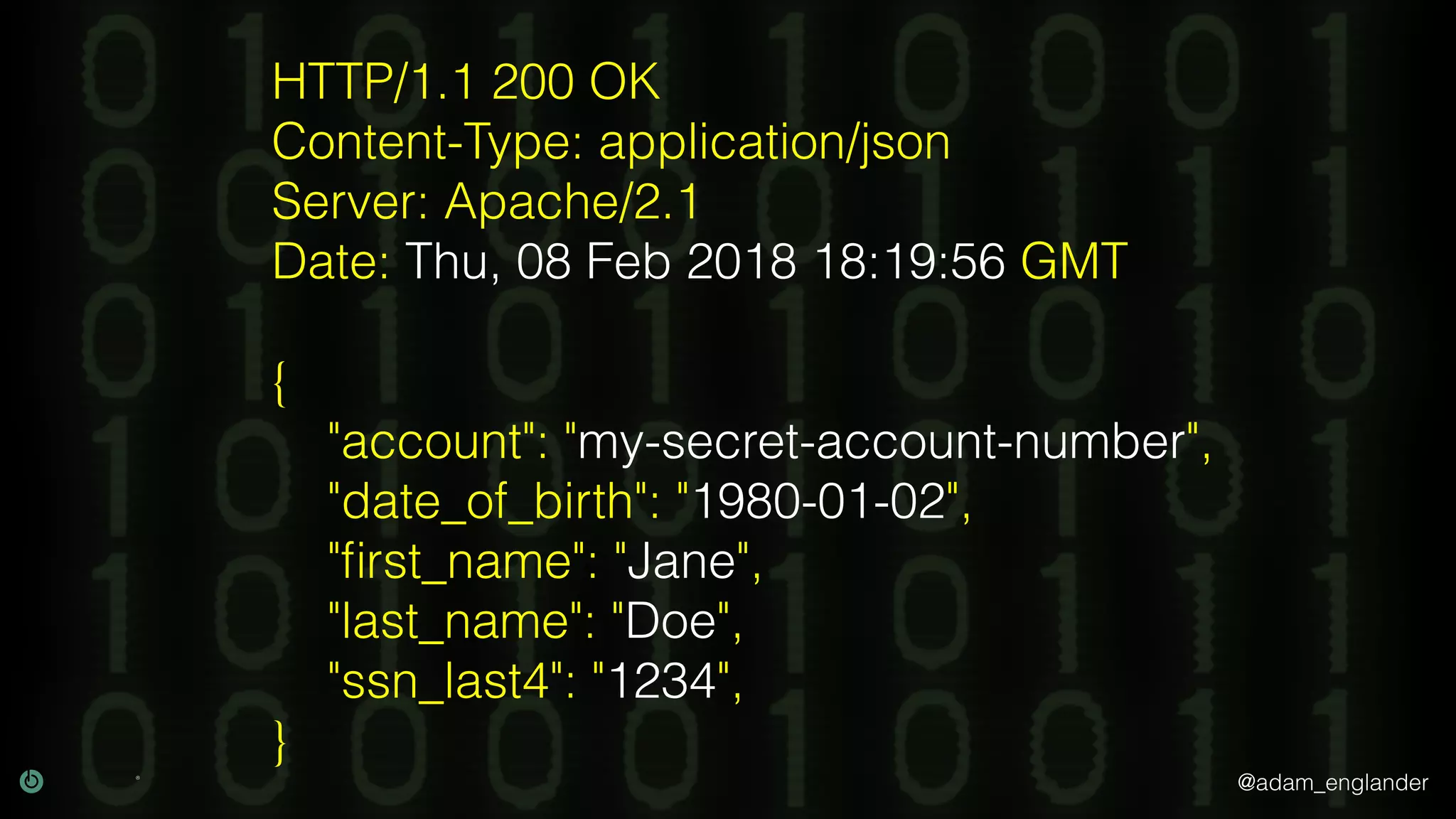 @adam_englander
HTTP/1.1 200 OK
Content-Type: application/json
Server: Apache/2.1
Date: Thu, 08 Feb 2018 18:19:56 GMT
{
"account": "my-secret-account-number",
"date_of_birth": "1980-01-02",
"ﬁrst_name": "Jane",
"last_name": "Doe",
"ssn_last4": "1234",
}
 