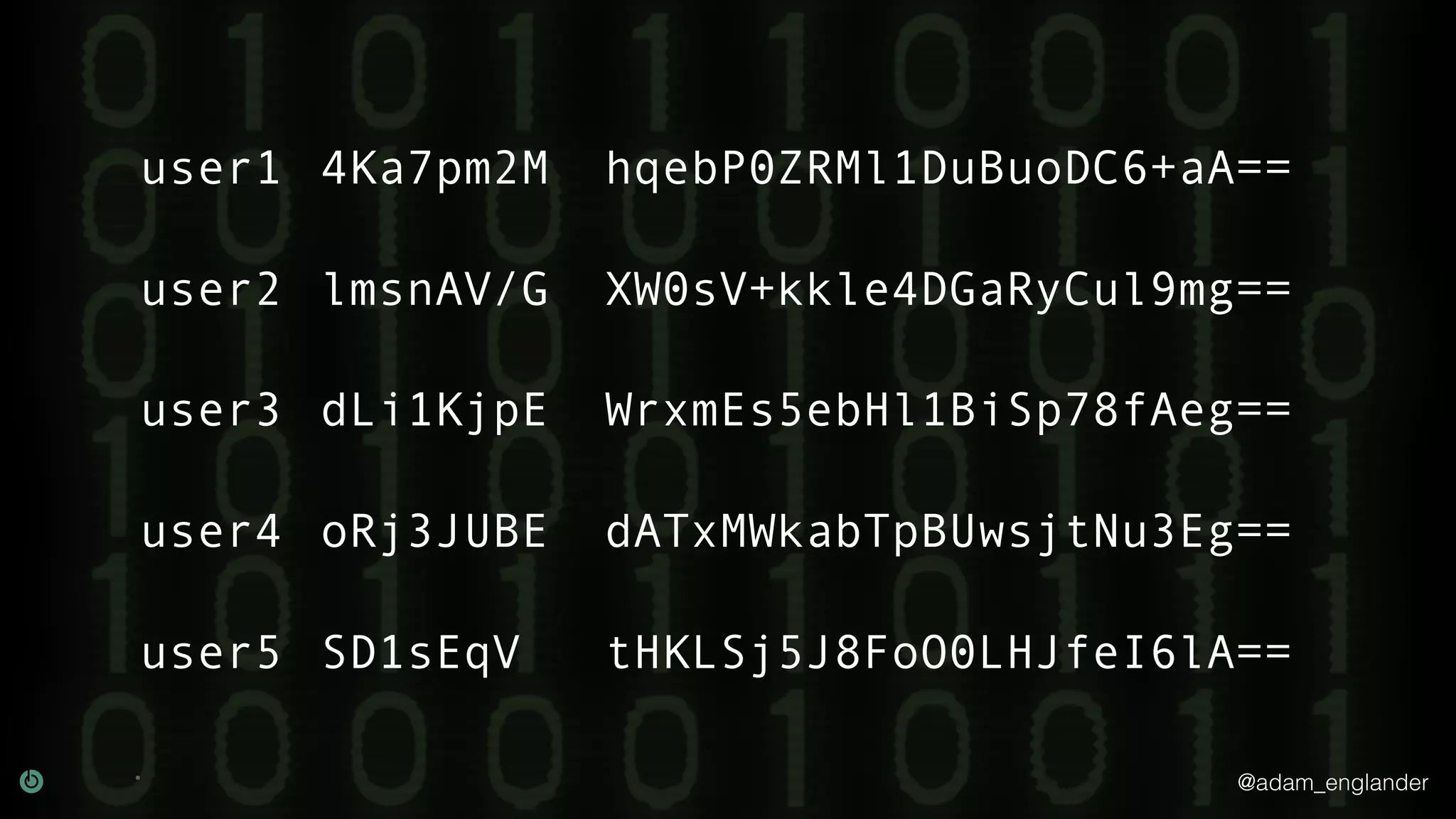 @adam_englander
user1 4Ka7pm2M hqebP0ZRMl1DuBuoDC6+aA==
user2 lmsnAV/G XW0sV+kkle4DGaRyCul9mg==
user3 dLi1KjpE WrxmEs5ebHl1BiSp78fAeg==
user4 oRj3JUBE dATxMWkabTpBUwsjtNu3Eg==
user5 SD1sEqV tHKLSj5J8FoO0LHJfeI6lA==
 