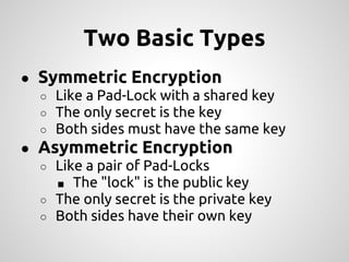 Two Basic Types
● Symmetric Encryption
  ○ Like a Pad-Lock with a shared key
  ○ The only secret is the key
  ○ Both sides must have the same key
● Asymmetric Encryption
  ○ Like a pair of Pad-Locks
    ■ The "lock" is the public key
  ○ The only secret is the private key
  ○ Both sides have their own key
 