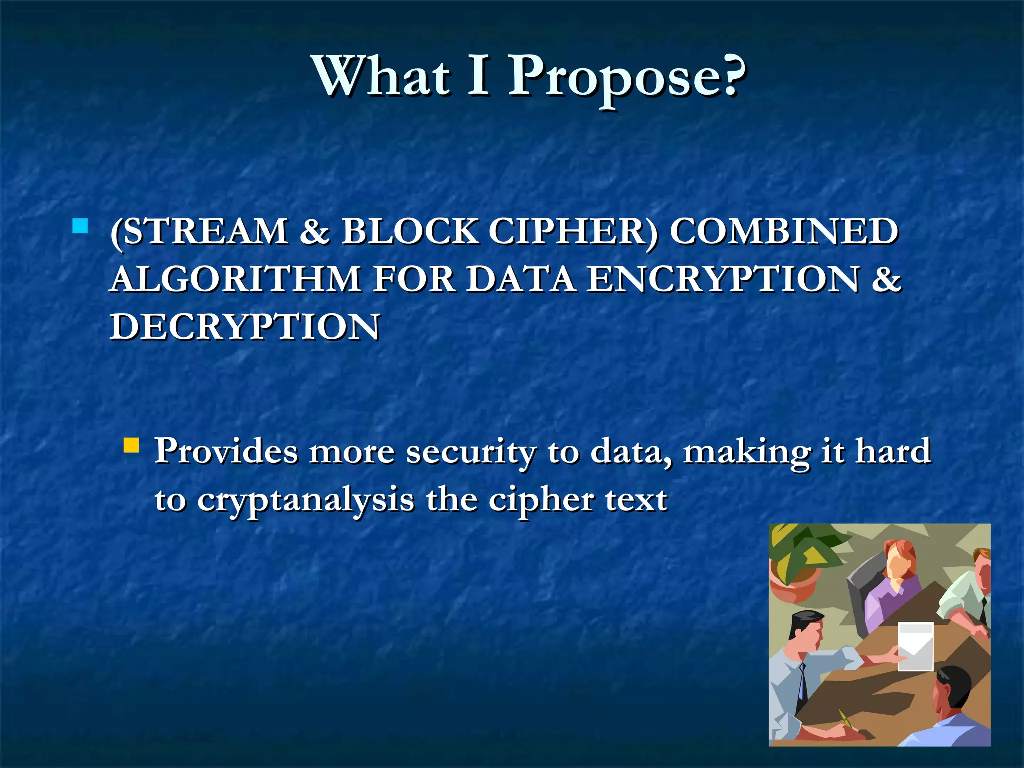What I Propose?What I Propose?
 (STREAM & BLOCK CIPHER) COMBINED(STREAM & BLOCK CIPHER) COMBINED
ALGORITHM FOR DATA ENCRYPTION &ALGORITHM FOR DATA ENCRYPTION &
DECRYPTIONDECRYPTION
 Provides more security to data, making it hardProvides more security to data, making it hard
to cryptanalysis the cipher textto cryptanalysis the cipher text
 